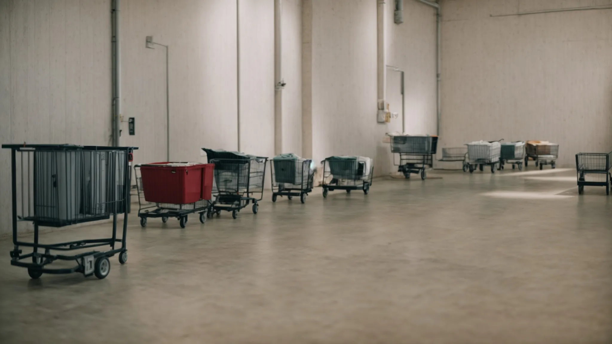 a lineup of empty utility carts and furniture dollies in an empty room, awaiting the task of relocation.