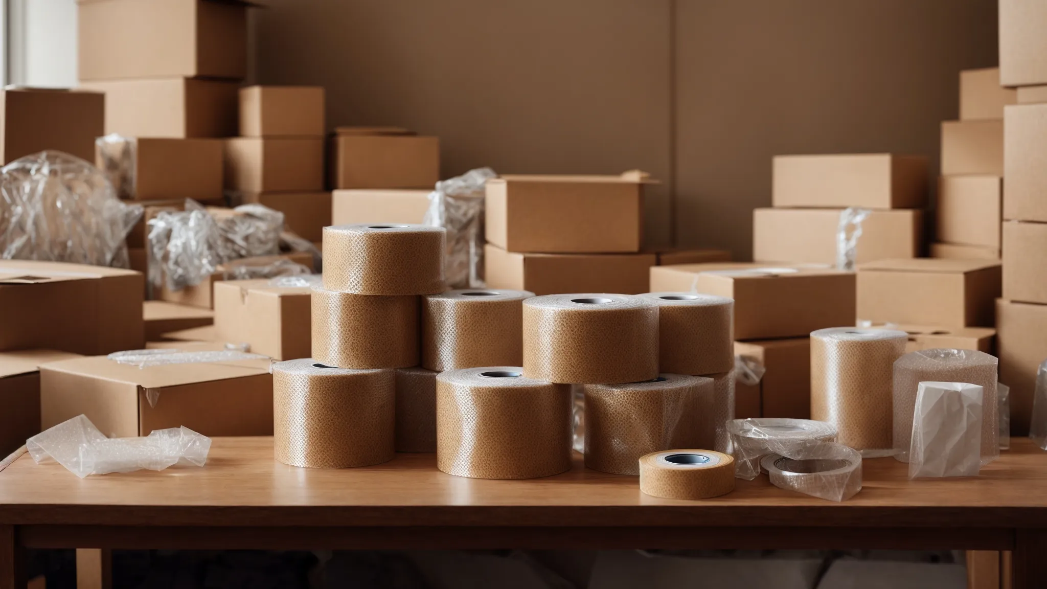 a neatly organized array of cardboard boxes, rolls of bubble wrap, and a tape dispenser on a wooden table.