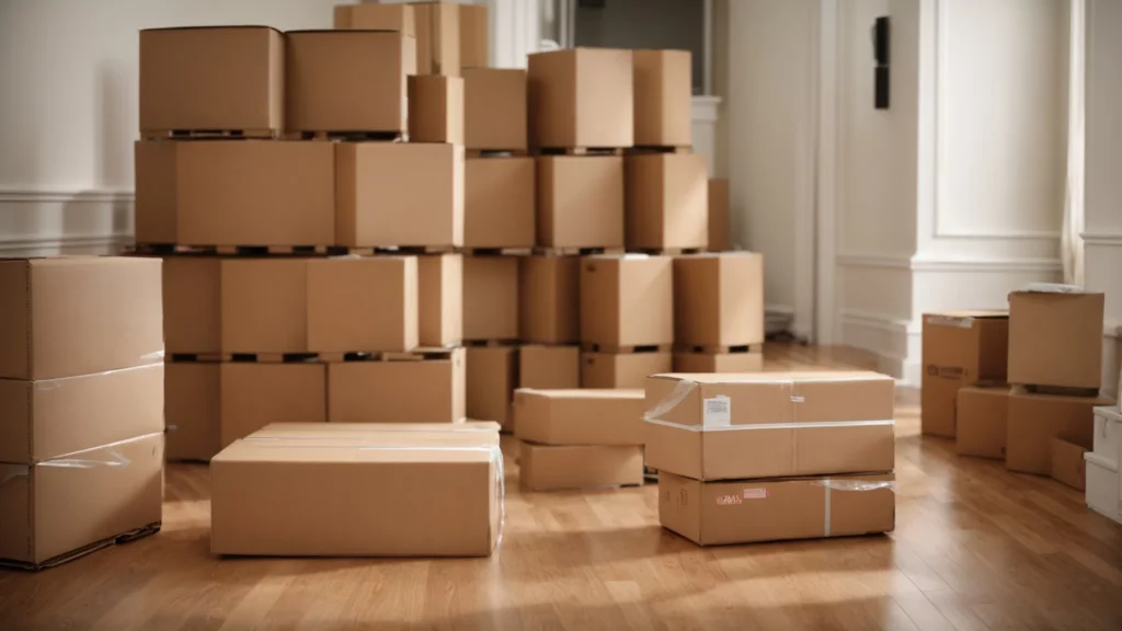 stacks of cardboard boxes with a dolly and packing tape on a hardwood floor.