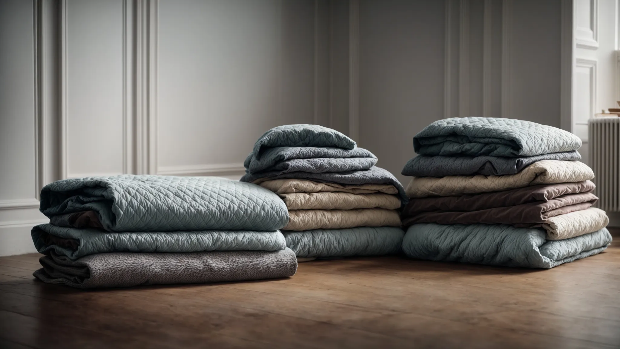 a stack of thick, quilted moving blankets and pads lay neatly folded in the corner of an empty room, awaiting the safeguarding of furniture and fragile items for transport.